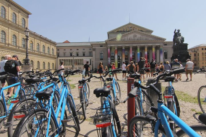 a bicycle parked in front of a building