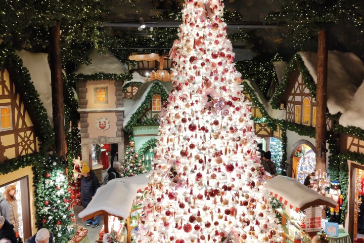 Large decorated Christmas tree in festive indoor setting with lights and people.