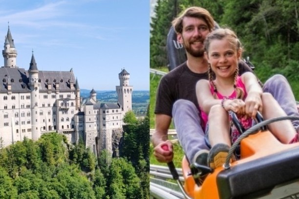 Left: Castle on hill, Right: Man and girl on roller coaster in forest.