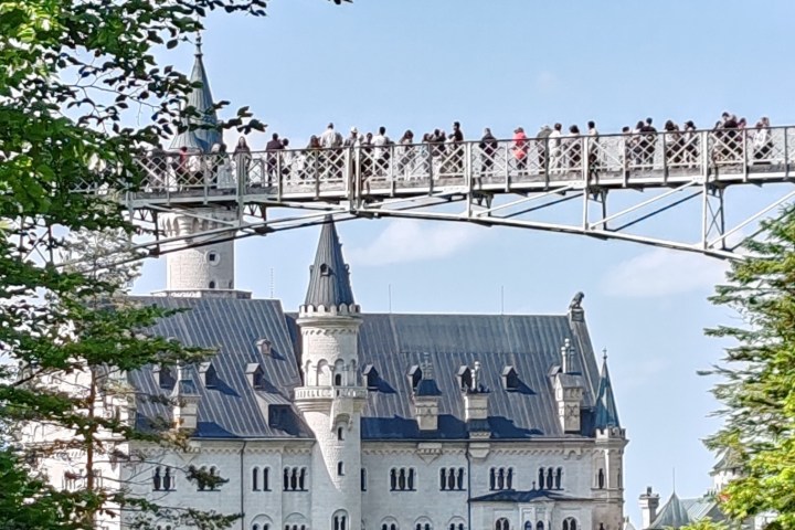 People on a bridge overlooking a castle with trees in the foreground.
