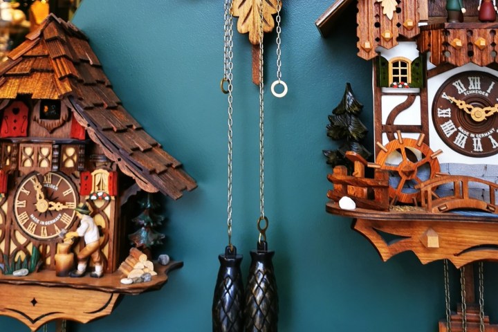 Two detailed wooden cuckoo clocks with weights hanging on a teal background.