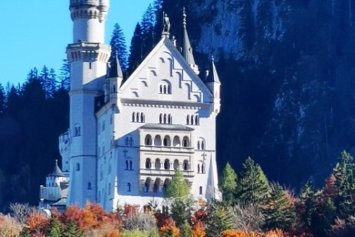 Castle with tall tower surrounded by autumn trees and mountains in the background.