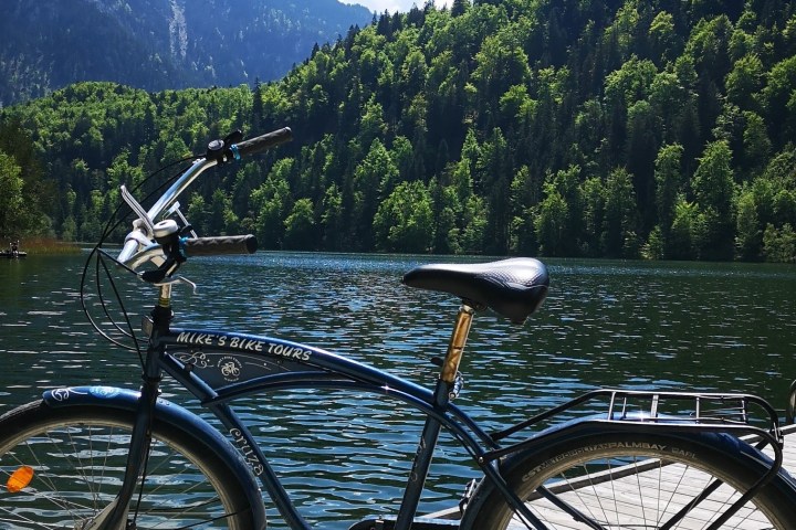 Bicycle parked on a dock by a lake with lush green forest and mountains in the background.